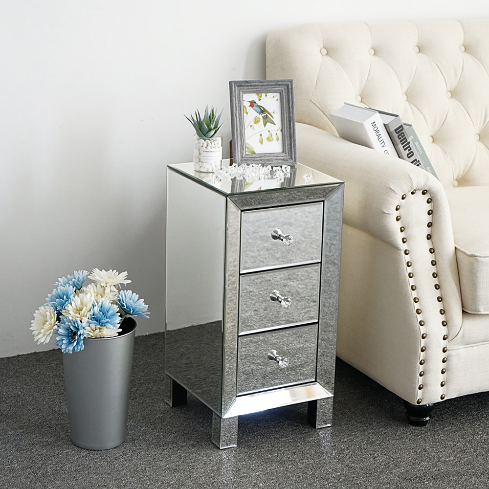Mirrored Glass Bedside Table 3 Drawers and Crystal Handles